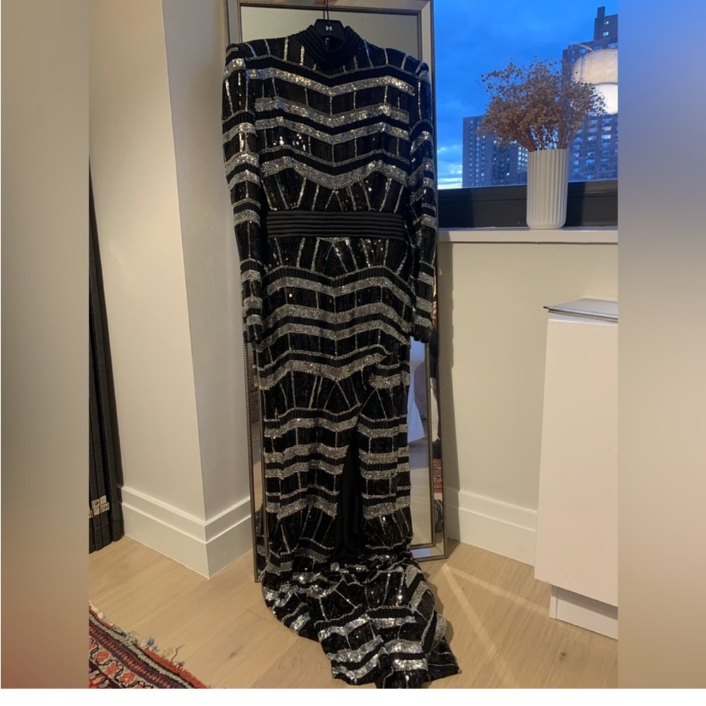 Zhivago Black and Silver Sequin Long Sleeve High-Slit Gown - Picture 3 of 11